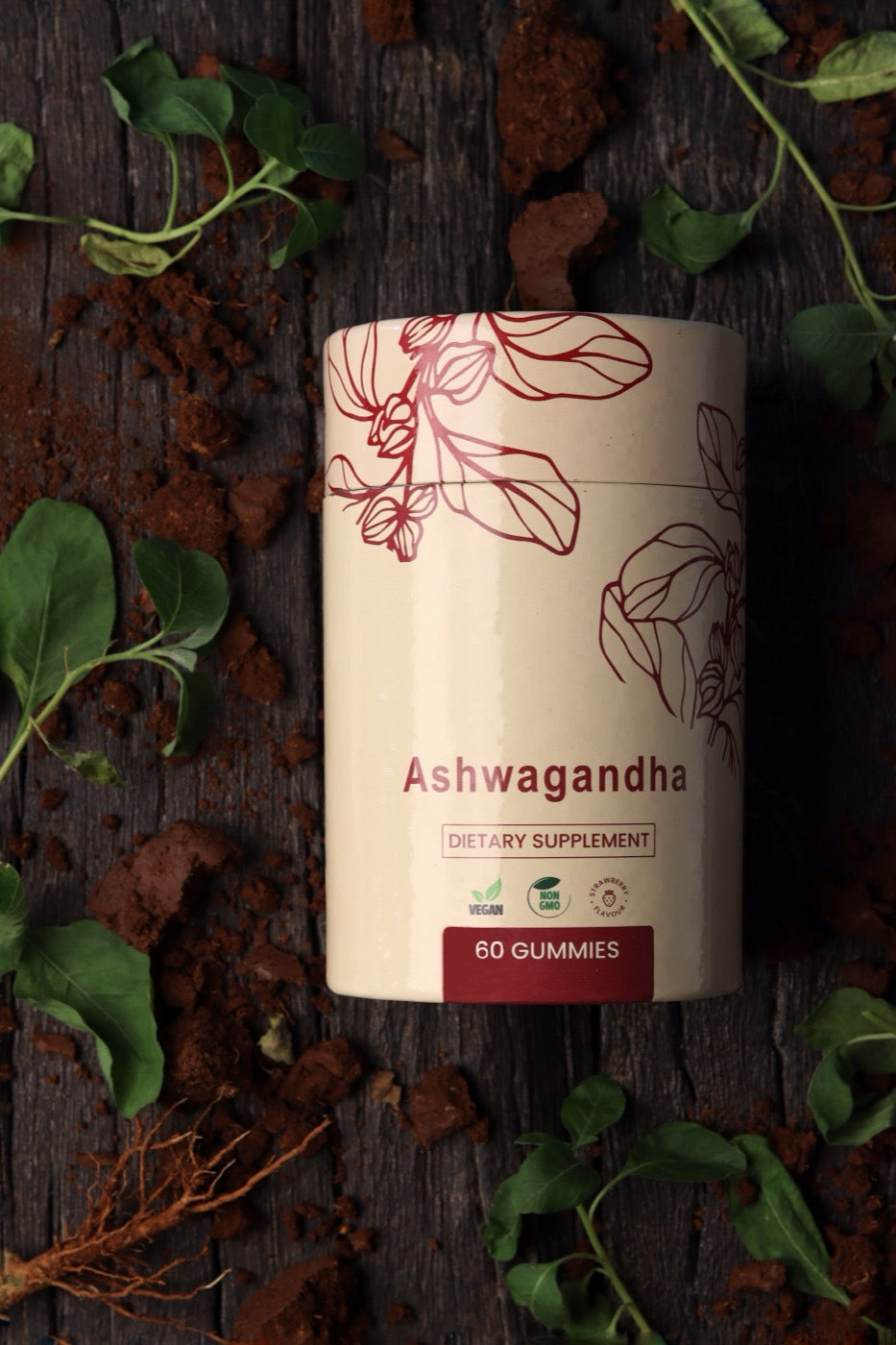 Ashwagandha tube among fresh leaves