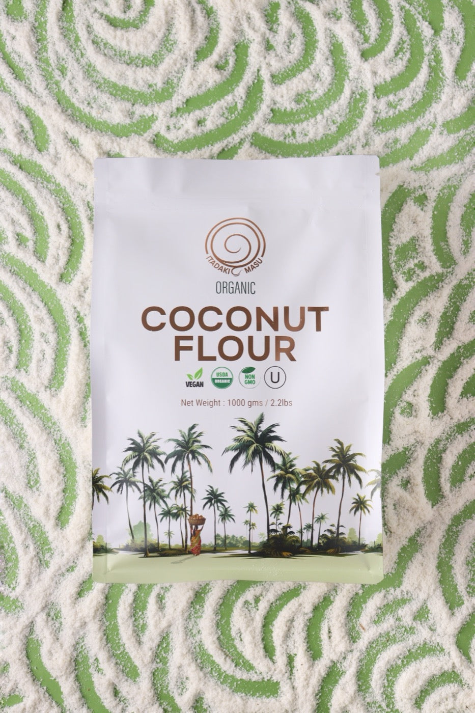 Coconut flour pouch on a green palm pattern